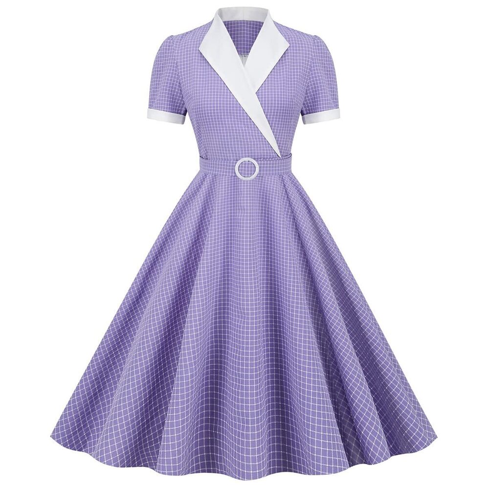 5196 Vintage Dress 1950s Retro Dress Short Sleeve Lapel Collar Swing Dress